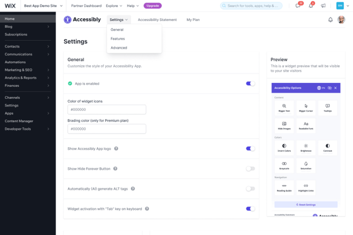 Admin panel of Accessibly Wix app