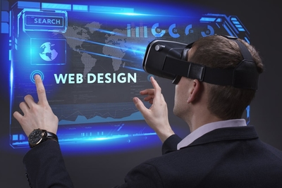 Person With VR Goggles Looking At Web design Title